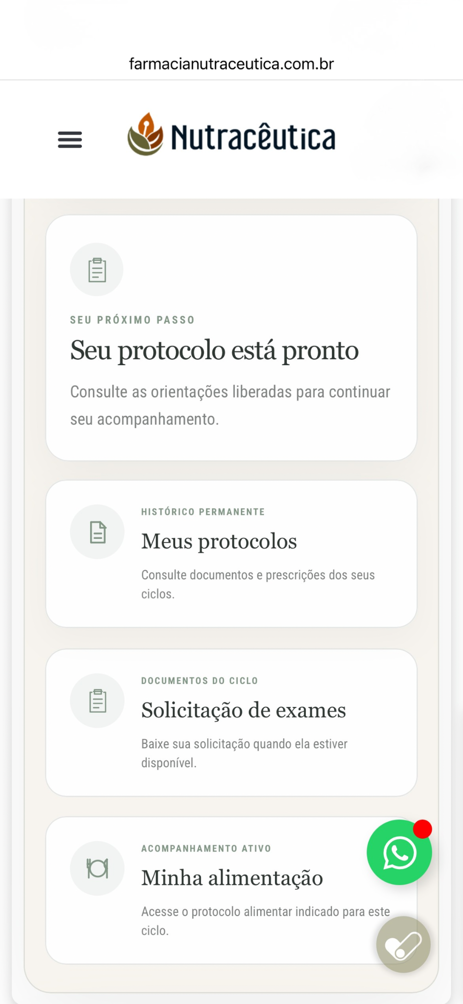 Tela da Área de Acompanhamento Nutracêutica
