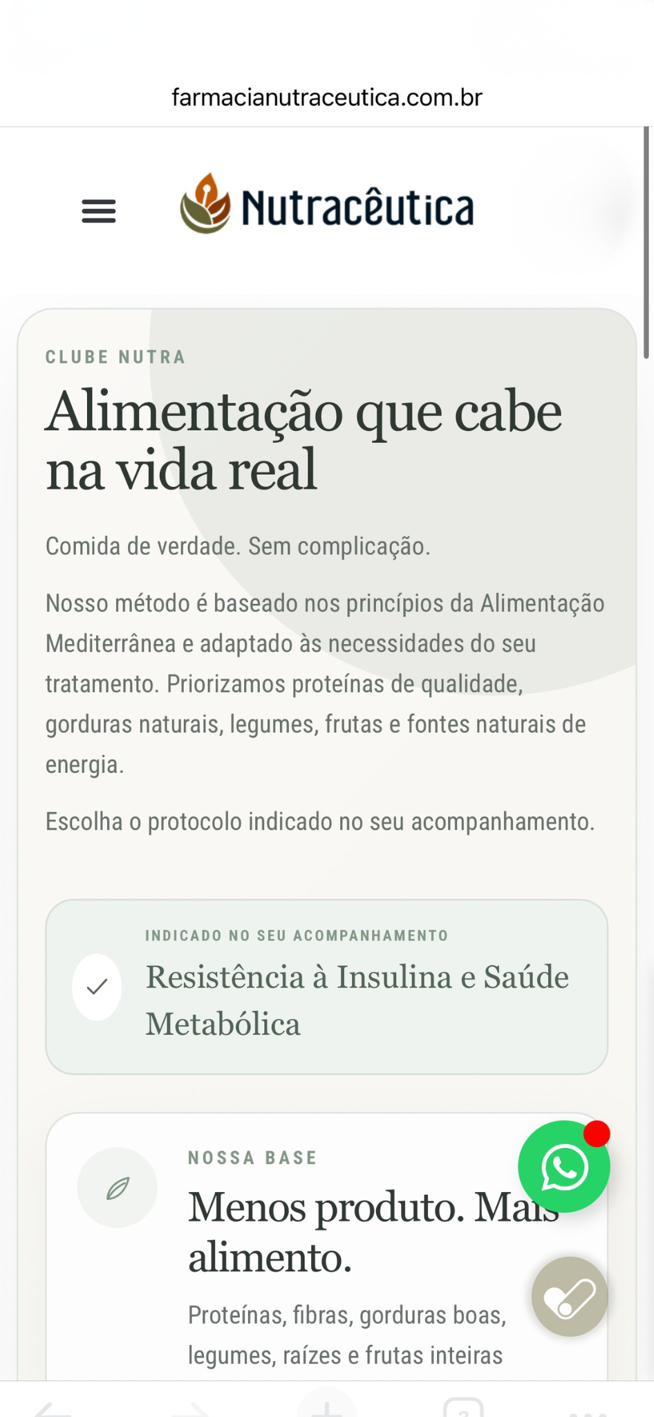 Tela de alimentação do Acompanhamento Nutracêutica